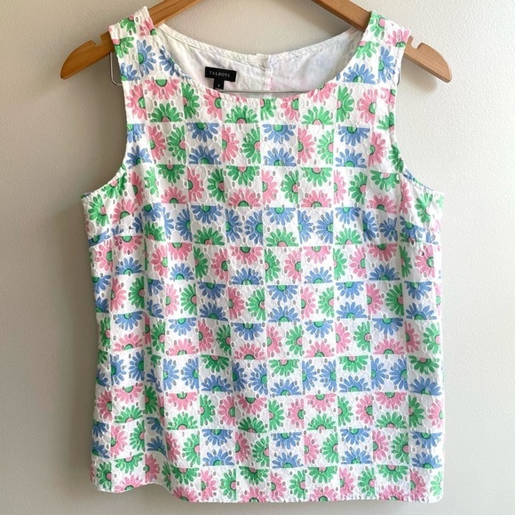 Talbots Daisy Eyelet Shell Tank Top, Pink Blue Green White, Size Small - Picture 3 of 5